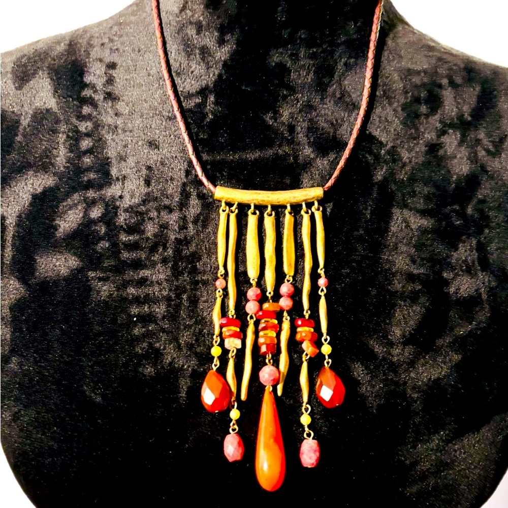 Chico’s Statement Necklace, Gold Tone with Brown Leather Chain and Orange Beads
